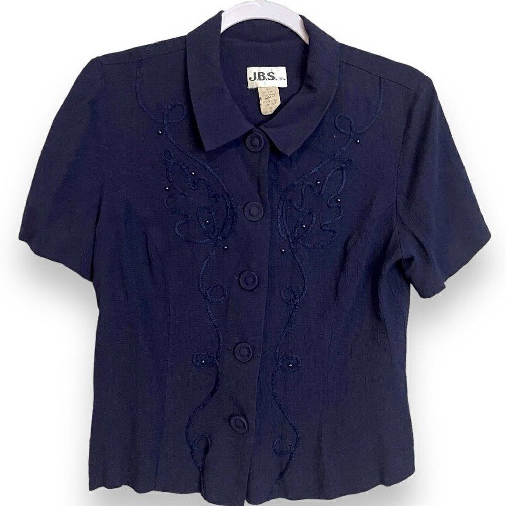 J.B.S LTD Button Up Shirt Women's 10 Navy Blue Beaded Embroidered Casual Top VTG